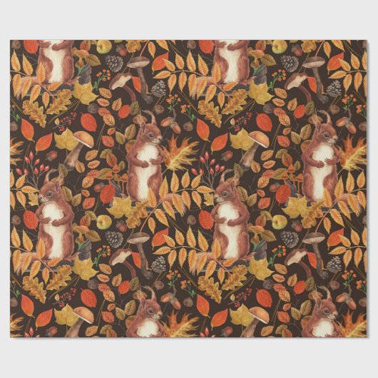 Papier Cadeau Écureuils automnaux et flore sur brun foncé (Plat)