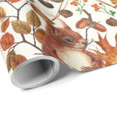 Papier Cadeau Écureuils d'automne et flore automnale sur le blan (Coin rond)