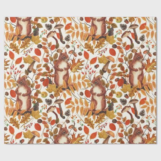 Papier Cadeau Écureuils d'automne et flore automnale sur le blan (Plat)