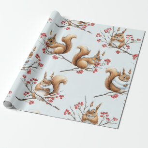 Papier Cadeau Écureuils d'hiver parmi les branches enneigées