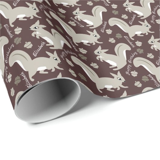 Papier Cadeau Écureuils gris Nom personnalisé Garçon ou fille An (Coin rond)