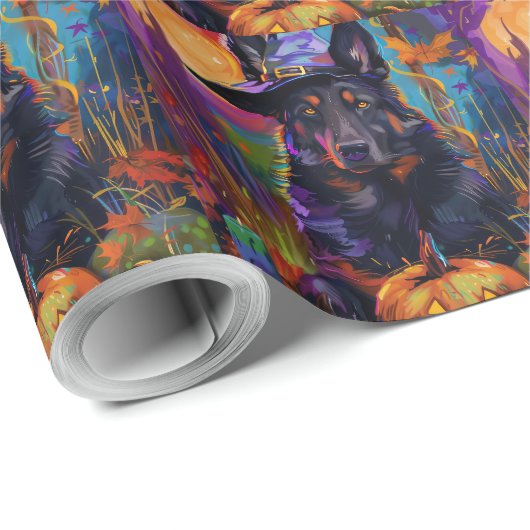 Papier Cadeau Éffrayant Berger belge Citrouille de sorcière Hall (Coin rond)