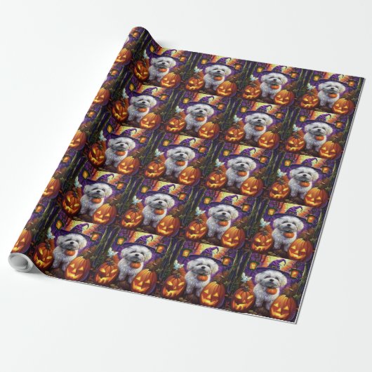 Papier Cadeau Éffrayant Bichon Frise Halloween sorcière et Citro (Déroulé)