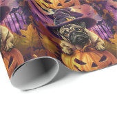 Papier Cadeau Éffrayant Carlin Chien Halloween Sorcière Et Citro (Coin rond)