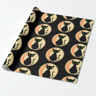 Papier Cadeau Éffrayant chat noir avec yeux verts motif