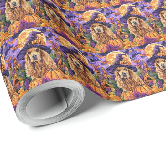 Papier Cadeau Éffrayant Cocker Spaniel Dog Halloween Witch Citro (Coin rond)