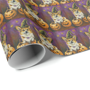Papier Cadeau Éffrayant Corgi Chien Halloween Citrouille sorcier