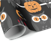 Papier Cadeau Éffrayant Halloween Citrouilles & Chouettes Jack-O (Coin rond)