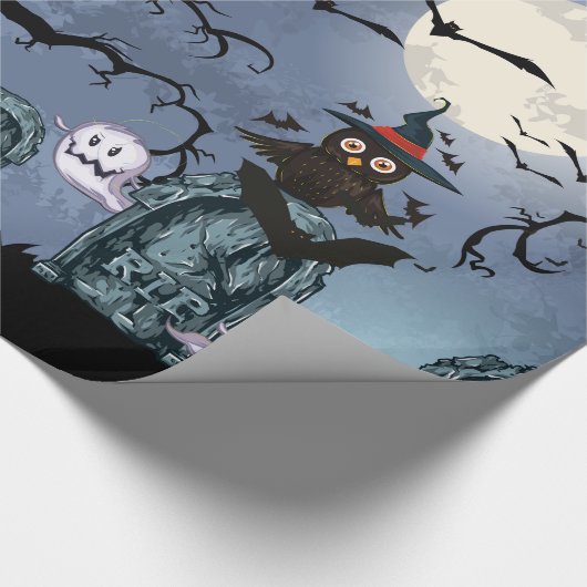 Papier Cadeau Éffrayant Halloween Graveyard Avec Chouette Dans U (Coin)