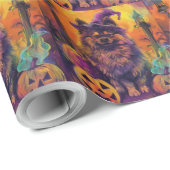Papier Cadeau Éffrayant Keeshond Chien Halloween sorcière et Cit (Coin rond)