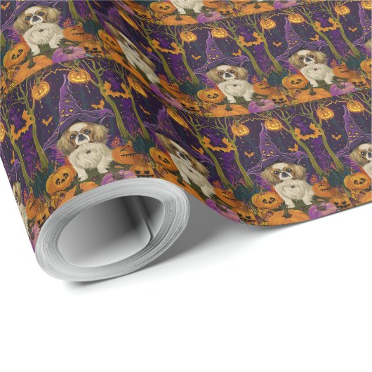 Papier Cadeau Éffrayant Pekingese Chien Halloween sorcière et Ci (Coin rond)