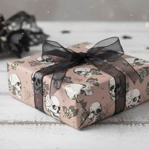 Papier Cadeau Éffrayant Rose Vintage Floral Petit Crâne Hallowee