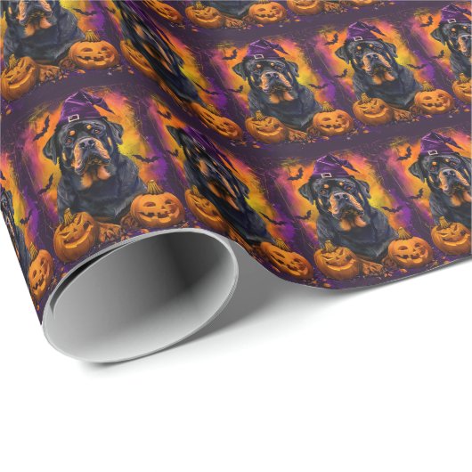 Papier Cadeau Éffrayant Rottweiler Chien Halloween sorcière et C (Coin rond)