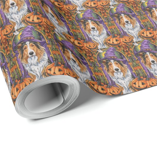 Papier Cadeau Éffrayant Rough Collie Chien Halloween Citrouille (Coin rond)
