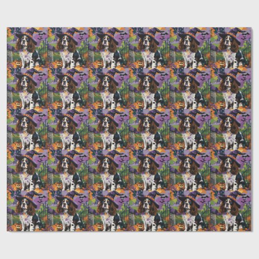 Papier Cadeau Éffrayant Springer Spaniel Halloween Witch Citroui (Plat)