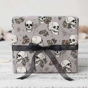 Papier Cadeau Éffrayant Taupe Gris Floral Petit Crâne Halloween