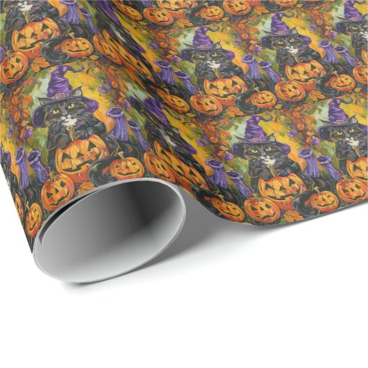 Papier Cadeau Éffrayant Tuxedo Chat Halloween Sorcière Et Citrou (Coin rond)