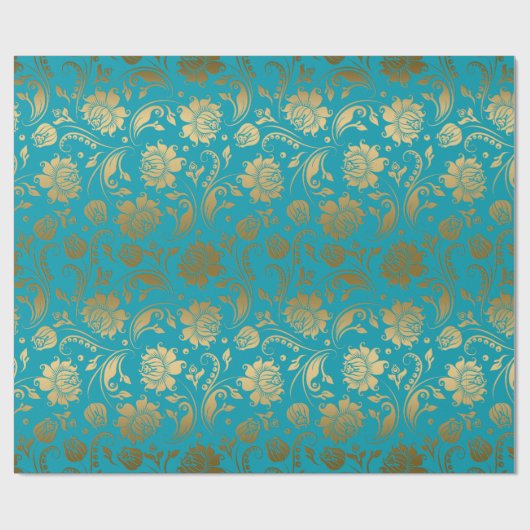 Papier Cadeau EGold & Turquoise Blue Floral Pattern (Plat)