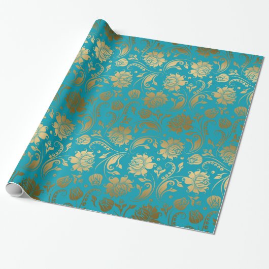 Papier Cadeau EGold & Turquoise Blue Floral Pattern (Déroulé)