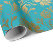 Papier Cadeau EGold & Turquoise Blue Floral Pattern (Coin rond)