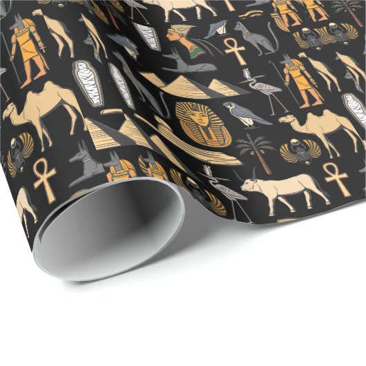 Papier Cadeau Egyptian Hieroglyphic Symbol Pattern Background (Coin rond)
