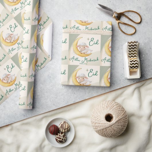Papier Cadeau Eid  Al Adha Dusty Green Cute Sheep Dinner  (Artisanat)