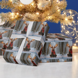 Papier Cadeau Élan de Noël portant une écharpe et des lumières