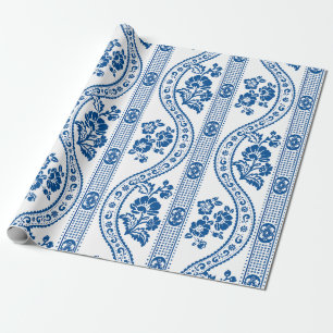 Papier Cadeau Élégance à rayures florales bleues