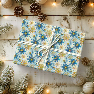 Papier Cadeau Élégance Givrée Flocon de Neige Bleu et Or