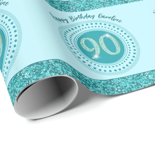 Papier Cadeau Elégant 90e anniversaire Turquoise Parties scintil (Coin rond)
