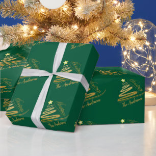 Papier Cadeau Élégant arbre de Noël vert émeraude feuille d'or