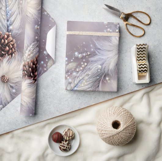Papier Cadeau Élégant Argent & Pine perlé Noël Floral (Artisanat)