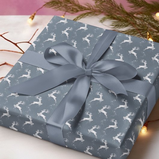 Papier Cadeau Élégant Argent Reindeer Bleu Noël