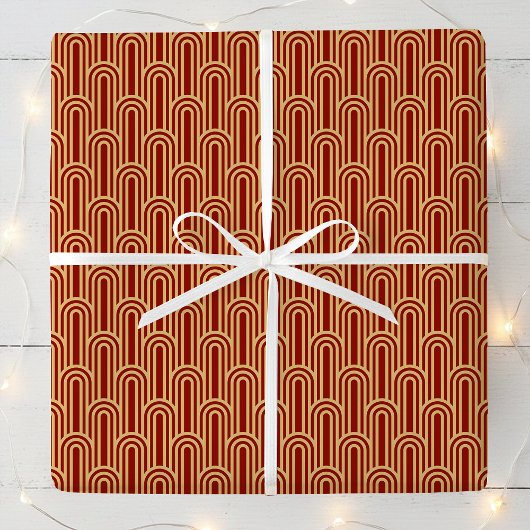 Papier Cadeau Elegant Art Deco Pattern Arches Red Gold Chic