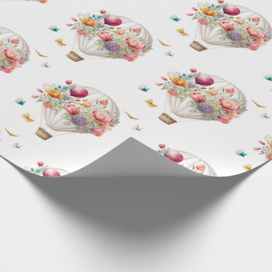Papier Cadeau Élégant ballon à air chaud et fleurs aquarelles (Coin)