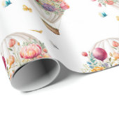 Papier Cadeau Élégant ballon à air chaud et fleurs aquarelles (Coin rond)