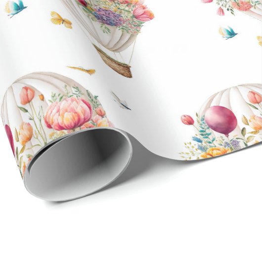 Papier Cadeau Élégant ballon à air chaud et fleurs aquarelles (Coin rond)