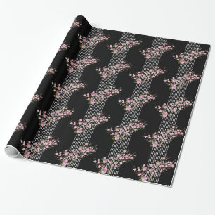 Papier Cadeau Élégant Bambou Asiatique Fleur Rose Noir Blanc 2