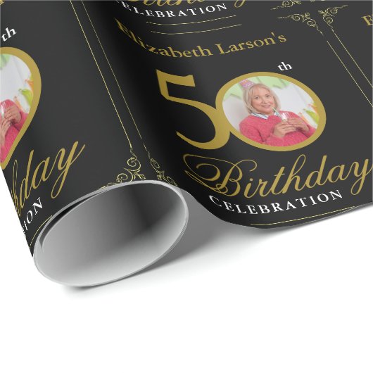 Papier Cadeau Elégant Black and Gold 50th Birthday Invitation (Coin rond)