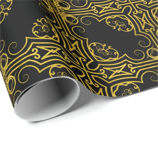 Papier Cadeau Elegant Black and Gold Ornate Christmas Wrapping (Coin rond)