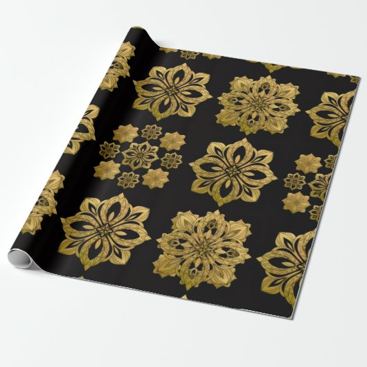 Papier Cadeau Elegant Black and Gold Ornate Christmas Wrapping P (Déroulé)