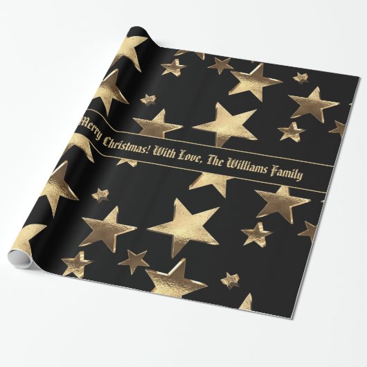 Papier Cadeau Élégant Black and Gold Stars Motif Noël (Déroulé)