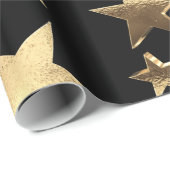 Papier Cadeau Élégant Black and Gold Stars Motif Noël (Coin rond)