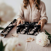 Papier Cadeau Elegant Black Floral Peony Celestial Moon & Stars
