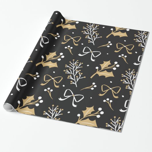 Papier Cadeau Elegant Black Mistletoe et Ribbon Christmas (Déroulé)
