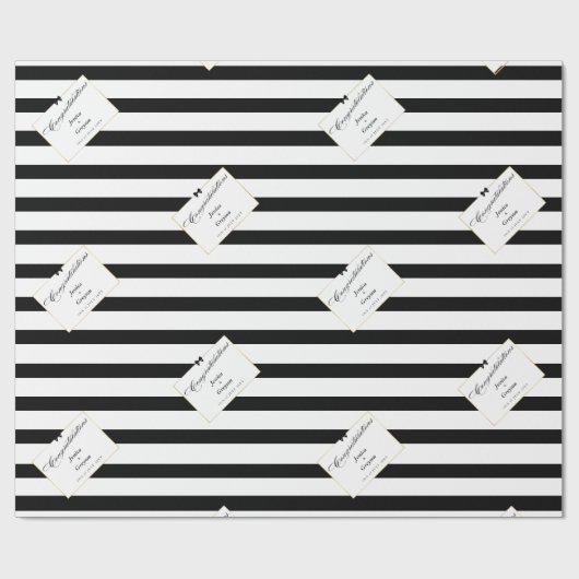 Papier Cadeau Elégant Black White Stripe Gold Frame Mariage Cade (Plat)