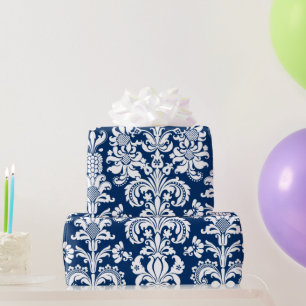 Papier Cadeau Elégant blanc de fleurs Damas bleu Arrière - plan