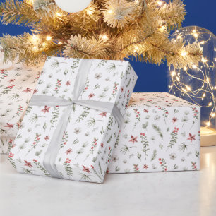 Papier Cadeau Élégant Blanc hiver verdure Botanique Noël