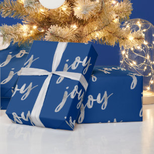 Papier Cadeau Elégant Bleu Argent Joie Calligraphie Noël