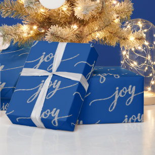 Papier Cadeau Elégant Bleu Argent Joie Calligraphie Noël